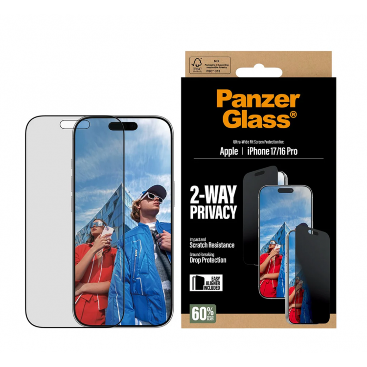 PanzerGlass Γυαλί προστασίας Fullcover Privacy Ultra-Wide Fit w. EasyAligner Case Friendly 0.3MM για Apple iPhone 17 6.3 5G 2025/16 PRO 6.3 2024 - PG-PG93414